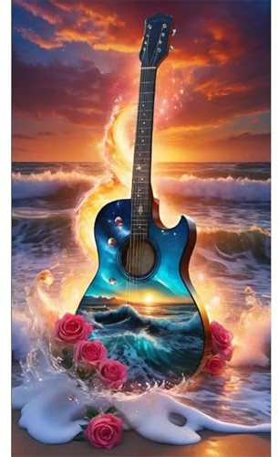 Meerblick-Gitarre Diamond Painting Set,5D Groß Diamant Painting Bilder für Erwachsene DIY Vierkant Diamant Kunst Malerei Sonnenuntergang Meer Full Stickerei Kreuzstich Bilder Wohnzimmer Dekor 30x60cm