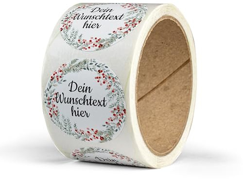 Weihnachtssticker selbst gestalten – 50 personalisierte Aufkleber Weihnachten – rund, Ø 5 cm – Weihnachtsetiketten als Geschenkaufkleber – Sticker mit Namen - Kranz - Motiv 1