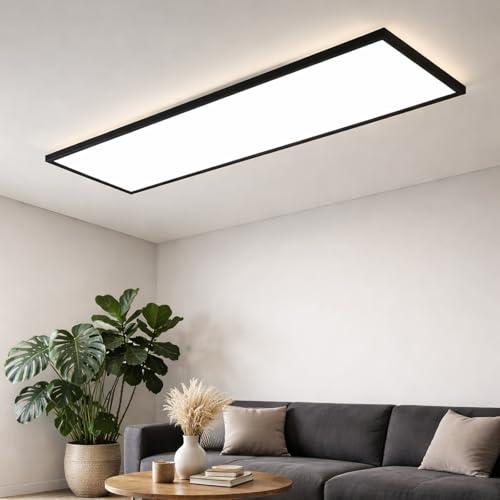 CBJKTX LED Panel 100x25 Deckenleuchte dimmbar Büro Deckenleuchte | flaches Deckenpanel mit Fernbedienung groß Wohnzimmerleuchte 24 W für Werkstatt Küche Arbeitszimmer Flur schwarz