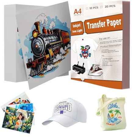 SCULPFUN Transferpapier, 20 Blatt A4 Inkjet Bügeleisen für HELLE Textilien/Stoffe, Transferfolie Textil, Kompatibel Tintenstrahldrucker und Bügeleisen und Transferpresse