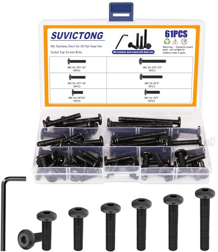 61Pcs 1/4-20 Flat Head Hex Socket Cap Screws Assortment Kit, 1/4-20 x 3/4” 1” 1-1/2” 1-1/4” 2-1/2” 2” Socket Cap Bolts,304 Stainless Steel, Full Thread, Black Oxide with Hex Spanner