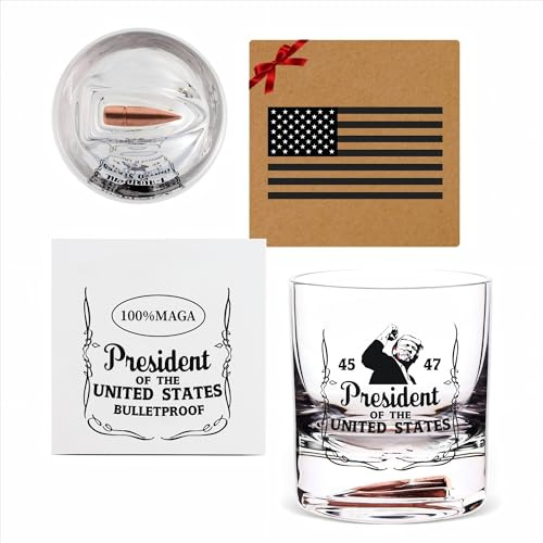 Donald Trump Whiskey Glasses-Inlay A Bullet 100% MAGA-Donald Trump Merchandise-45&47 President Commemorative Gifts-Donald Trump Gifts For Men-Bulletproof Trump glassware(8.5oz Rocks Glasses)