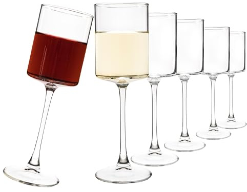 YARYOUNG Juego de 6 copas de vino cuadradas de 10 onzas, copas de vino con tallo para vino tinto o vino blanco, juego de copas para beber, boda, aniversario, regalos de inauguración de la casa, apto