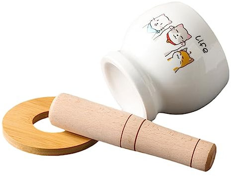 Cabilock Herramienta Para Machacador De Ajo Y Recipiente De Cerámica Para Guardar Ajo Con Mortero De Madera Herramienta Para Triturar Ajo Para Cocinar