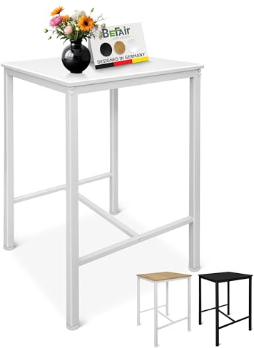BeFair Bartisch Sven 60x60x100 cm Weiß mit Fußstütze | Stabiles Metallgestell bis 100 kg | Fußstütze | 20 mm MDF-Platte | Höhenverstellbare Füße | Industrial Design