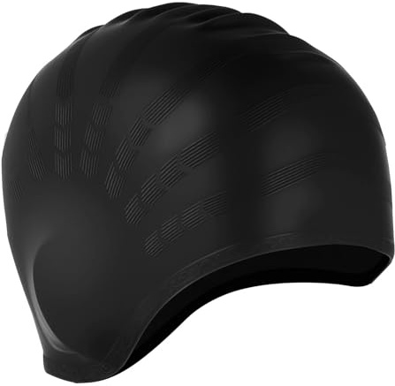 Swim Caps with 3D Ear Protection, Waterproof Swimming Hat Fits Long & Short Hair Keep Hair Dry Silicone Anti-Slip Swimming Cap Lightweight Bathing Caps for Women Men Adult & Youth (Black)