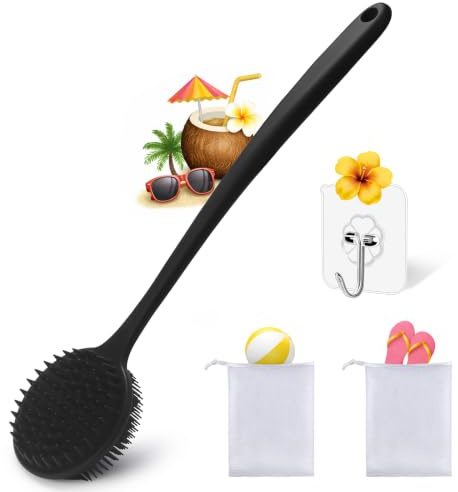 YouthRun Silicone Body Scrubber for Shower Men Women – Dual-Sided Exfoliating & Massage Shower Brush with Long Handle, Creates Rich Lather, Includes 1 Hook & 2 Lather Balls (Black).