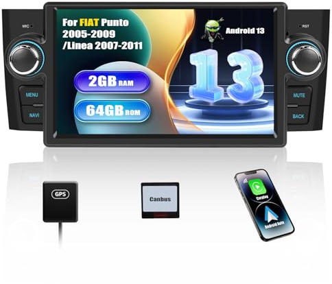 SIXWIN 2+64G Android 13 Autoradio per FIAT Punto (2005-2009)/Linea (2007-2011) con CarPlay/Android Auto/Mirror Link, 7 Pollici Schermo Navigatore con WiFi Bluetooth RDS FM EQ Comandi al Volante