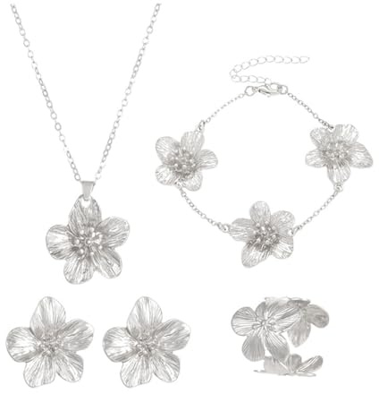 XFSRG Bijoux Femme 5 Pièces Alliage Fleur Bague Boucles d'Oreilles Collier Bracelet Idéal pour Cadeaux, Occasions Spéciales et Femmes