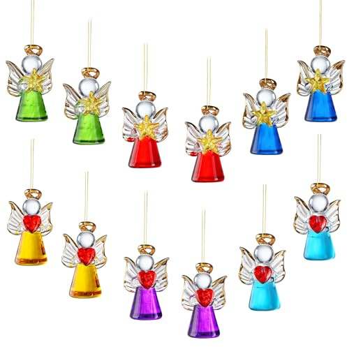 Mini Glass Angel Christmas Ornaments for Tree, 1.6 Small Crystal Guardian Angel Ornament Bulk for Christmas Tree, 2025 Hand Blown Spun Glass Home Decor Xmas Gift, Set of 12