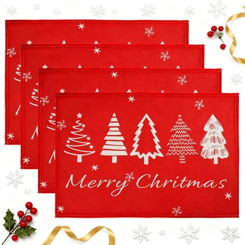 Jecdfs 4pcs Platzset Weihnachten,tischset Weihnachten,platzset rot,weihnachtstischset,30 * 45cm,für Esszimmer, Party, Innen und Außen, Hochwertiges Leinen-Mischgewebe, stabil und langlebig