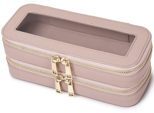 Pinkmik Double Layer Makeup Bag Makeup Brush Case Waterproof Travel Cosmetic & Toiletry Bag Purse Organizer and Car Essentials for Women (Pink, Double SLIM)