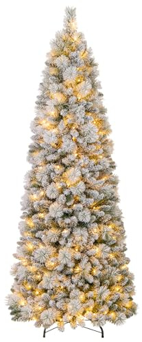COSTWAY 210 cm Künstlicher Weihnachtsbaum mit Beleuchtung, Pop Up Tannenbaum mit 200 warmweiße LED-Lichtern & 680 Zweigspitzen, beflockter Christbaum, Festbaum Kunstbaum für Zuhause, Geschäft & Büro
