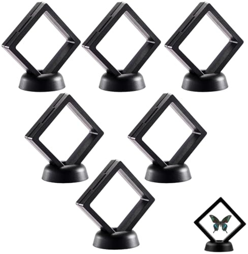 YUVKIN 6 Pezzi Cornici Flottanti Display per Monete, Espositore Gioielli con Base per Anelli, Collane, Bracciali, Orecchini, Monete, Medaglie, Oggetti da Collezione (7×7cm) (Nero)