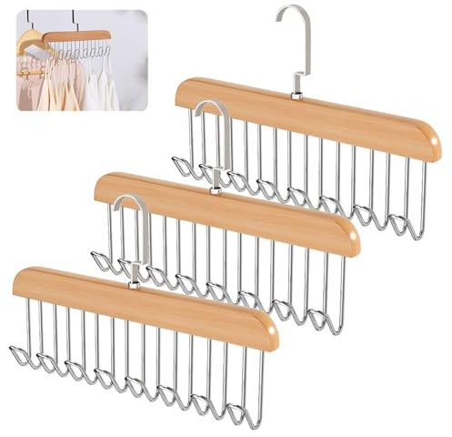 3 Pieces 28 cm/11 Inch Anti Slip Multifunctional Coat Woodenhanger Belt Hanger for Wardrobe, Hooks Space Saving Wooden Hangers with 8 Hooks Organiser for Scarf Bra Ties