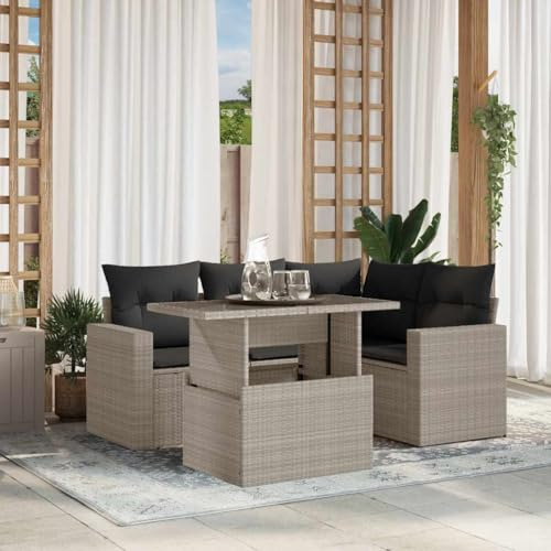 QJBSAVVA Salon de jardin 5 pièces en rotin synthétique gris clair avec table en verre réglable en hauteur, 100 x 55 x 73 cm, groupe de sièges résistant aux UV pour balcon, terrasse et petit jardin
