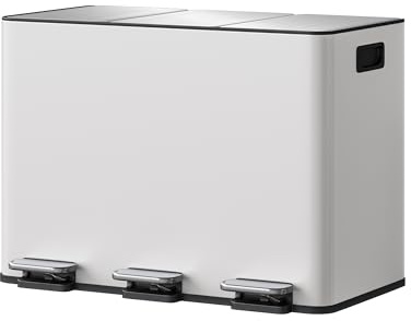 GarveeHome Mülleimer Küche, Mülleimer 3 fächer, Mülltrennsystem 3 x 15 Liter, Tretmülleimer mit Edelstahldeckel, Softclose-Deckel mit Inneneimer für Recycling und Restmüll, Weiß