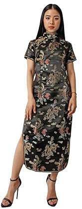 Dysmad Costumizate! Kimono o Qipao Color Negro con Manga Corta. Vestido Oriental para Mujer. (FR/ES, Letras, Talla única, Regular, Regular, XL, Negro)