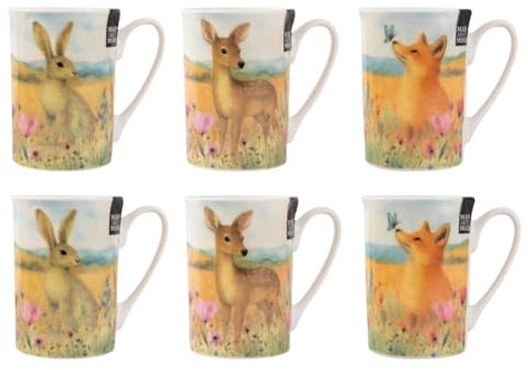 Set of 6 Wildlife Mugs New Bone China 9oz Tea Coffee Cup Hare Fox Deer Wildflower Design Durable Microwave Dishwasher Safe Kitchen Office Gift Mug 9oz Everyday Drinkware