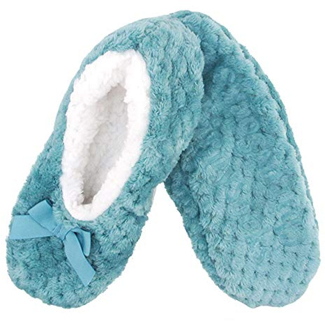 BambooMN Adult Super Soft Warm Cozy Fuzzy Soft Touch Sleeper Slippers Non-Slip Lined Socks – Greenish Blue – Large (UK Size 6-7)