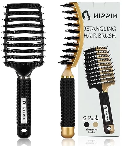 Boar Bristle Hair Brush 2 Pack, HIPPIH Wet & Dry No Pull Curved Vented Hair Brush, Styling Magical Detangler Brush for Kids & Men, Hairbrush for Women Can Adds Shine & Smooth Curly Thick Hair