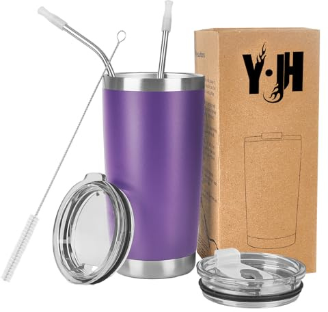 Y·J&H Y·JH 20oz (550ml) Bicchiere da viaggio Tazza da caffè a doppia parete isolata sottovuoto Tazza da caffè in acciaio inossidabile con 2 coperchi antispruzzo, 2 cannucce, senza BPA - Viola