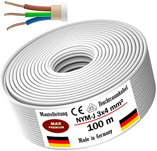 MAS-Premium Feuchtraumkabel Stromkabel von 5 bis 100m Mantelleitung NYM-J 3x4 mm² Elektrokabel Ring für feste Verlegung (100 m)