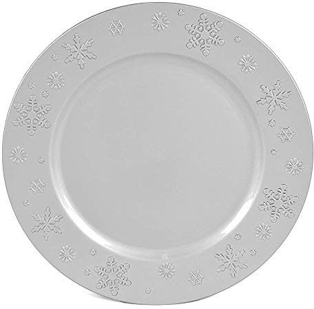 Aurora Store 6 Sottopiatti Bordo Fiocchi di Neve Bianco in plastica Rigida Bordo Liscio Tondo 33 cm Natale cenone sotto Piatto Natalizio Capodanno Natale Cena Aperitivo