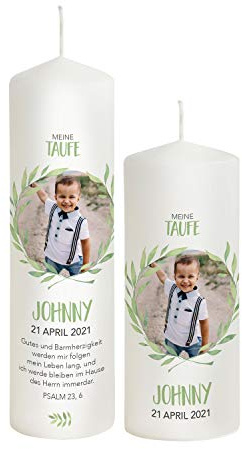 Liamoria® Taufkerze mit Foto für Jungen im Kranz 25 cm Modell Johnny - Personalisierte Fotokerze zur Taufe (mit 1 Patenkerze)