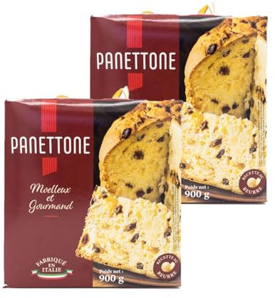 Panettone pur beurre fabriqué en Italie - lot de 2 boîtes de 900g - pâtisserie au levain naturel, aux raisons secs et aux écorces d'oranges confites