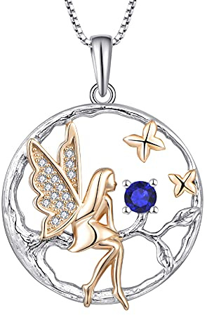 FJ Schutzengel Halskette Anhänger 925 Sterling Silber Engel Kette Damen Fee Schmetterling Baum des Lebens Halskette mit Geburtsstein Zirkonia Schmuck Geschenke für Frauen Mädchen