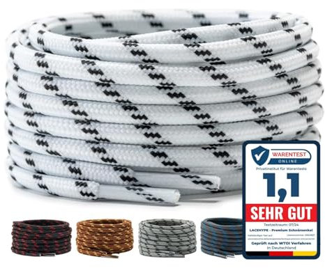 LaceHype 2 paia di lacci rotondi premium [Ø 4,5 mm ] poliestere per scarpe da lavoro, stivali, scarpe da esterno e scarpe sportive resistenti agli strappi, bianco / nero, 150 cm - 2 Paar