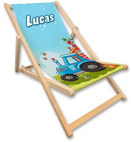 Unikatolo Kinder Liegestuhl mit Name, Traktor blau Strandstuhl, Geschenkidee Geburtstag Kindergarten Kinderzimmerdeko Dekoration Kindermöbel (Traktor 3)