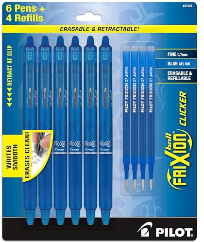 PILOT FriXion Erasable Pens Fine Point, 0.7 mm - for Rocketbook & Notebook, Pack of 6 Blue Erasable Gel Pens + 4 Bonus Refills