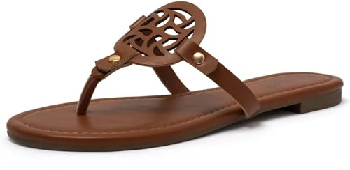 katliu Women's Flat Sandals Flip Flop Sandals Comfortable Dressy Thong Sandals Brown 8.5