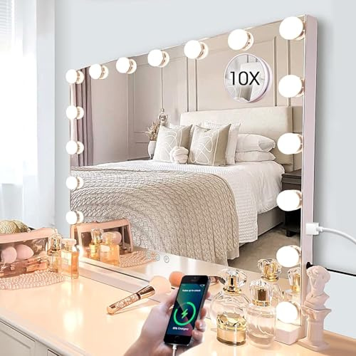 Kottova 24.4x21.2 Vanity Mirror with Lights, Lighted Makeup Mirror with 3 Dimmable Color Modes,17 LED Hollywood Mirror with Touch Control, USB Charging Port, Tabletop & Wall-Mounted (White)