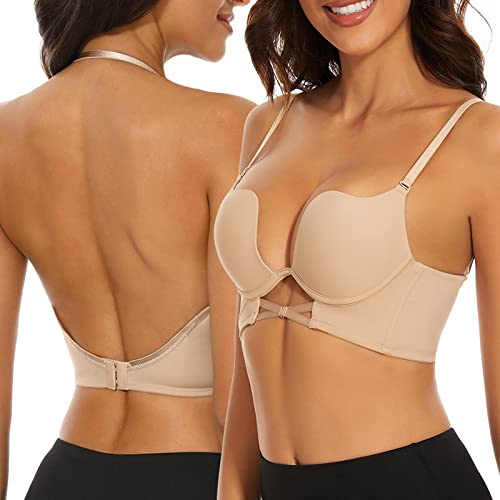 seagallery Reggiseno posteriore basso per le donne Deep Plunge Push Up Wire Lifting Bra con cinghie convertibili multiway, Nude, 5B