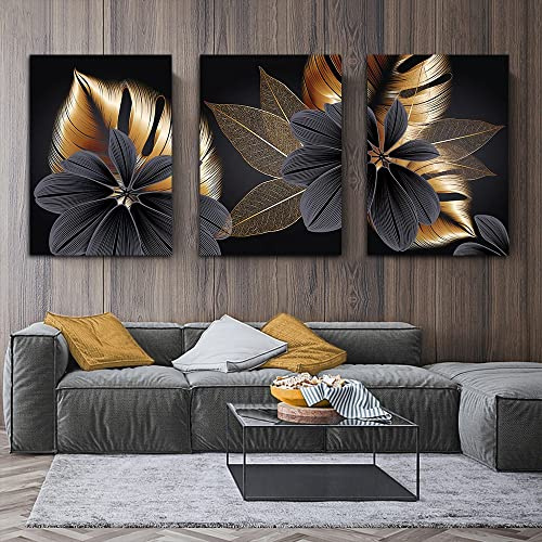 JLCZBT Leinwand Poster 3 Stück Schwarz Goldenes Pflanzenblatt Bild Vintage Leinwandbilder Kein Rahmen Modern Schwarz Golden Bilder (50×70cm)