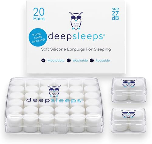 Deep Sleeps Silicone Ear Plugs for Sleeping – 20 Pairs Soft Reusable Moldable Earplugs with 2 Travel Cases, Noise Reduction for Snoring, Travel, Camping & Side Sleepers