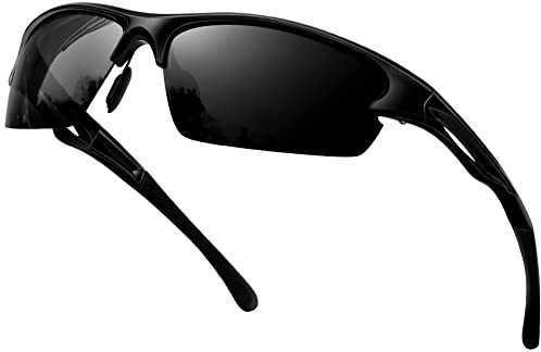 KANASTAL Gafas de Sol Negras Deportivas Curvas Hombre Polarizadas Mujer Envolventes Retro Ciclismo Conducir Protección UV400 - Montura Brillante Negro
