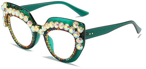 MUTYNE Vintage Strass Diamant Brillengestelle Damen Herren Cat Eye Optische Brillengestell Brillen Transparente Brillenbrillen,Grün,Einheitsgröße