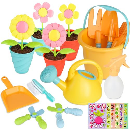 YAOZUP 24 Pezzi Giocattoli Attrezzi da Giardino per Bambini con Adesivi, Giocattoli da Giardino per Bambini, Bambini Annaffiatoio Pala Rastrello, Set di Giocattoli da Giardino per Bambini da 2 Anni