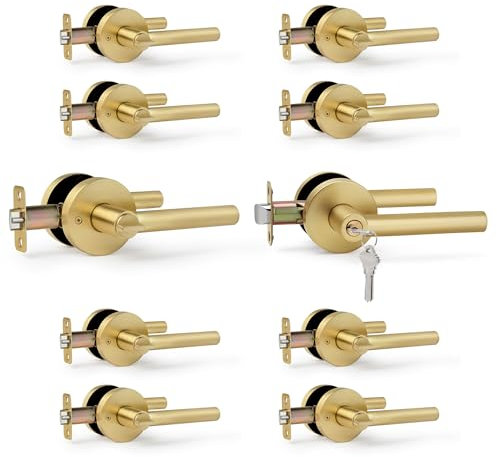 LOQRON Brushed Gold Entry Door Handle with Lock and Keys, Round Design Heavy Duty Door Lever with Satin Brass Finish, 10 Pack Wholesale Reversible for Left/Right Handed for Entrance and Front Door