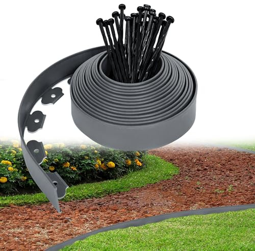 YRHome 10m Flexible Rasenkante Kunstoff Lawn Edging mit Erdanker Beetumrandung Mähkante Garten Wurzelsperre System Lawn Border Palisade Garten dekorativ, Grau