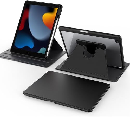 CACOE Rotierende Hülle für iPad 9 Generation / 8/7 Generation 10.2 Zoll mit Stifthalter - 360 Grad Drehung Stoßfeste Schutzhülle mit Transparenter Hartschale auf der Rückseite, Schwarz