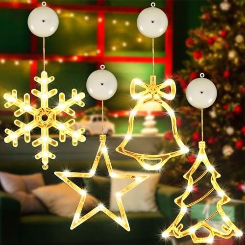 ZQEJEFD LED Weihnachtsbeleuchtung, 4er Set Weihnachtsdeko Sucker Lampe, Fensterdeko Hängend Fensterlicht mit Saugnapf LED Warmweiß Batteriebetrieb Weihnachtsbeleuchtung für Weihnachten Deko, Party