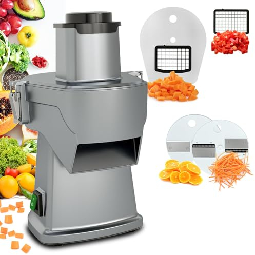 Máquina trituradora de verduras eléctrica Frutas y verduras automáticas, control de un solo toque Todo el cuerpo de aluminio Corta en cubitos 10 * 10 mm, rallador de 2/3 mm, rebanada de 2-4