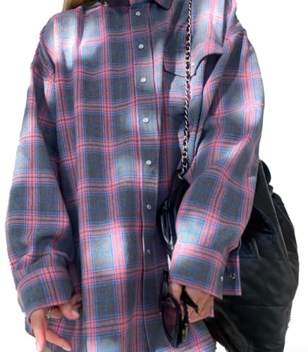 Chaqueta de otoño para mujer, camisa retro de gran tamaño, blusa holgada de manga larga (L rosa)