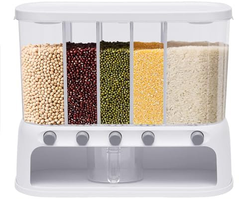 OLHAUYUAN Cereal Grain Dispenser Multigrain Tank Cup 5-Compartment Rice and Grain Storage Container, 22.05lb Bean Dispenser for Store Rice, Red Beans, Yellow Beans, Black Beans, 5 grids-22.05lbs