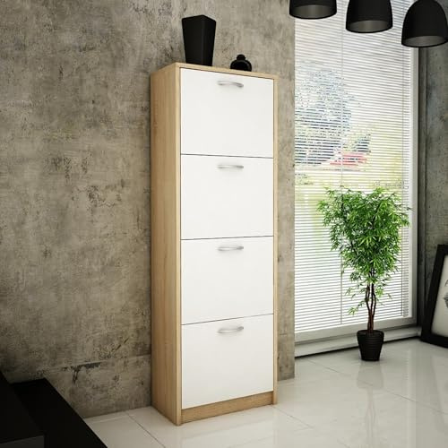 Home Collective Schuhschrank mit 4 aufklappbaren Schubladen Schuhregal mit 4 Fächern weiche abgerundete Kanten 50 cm breit laminierte Platte platzsparende Schuhaufbewahrung Sonoma weiß